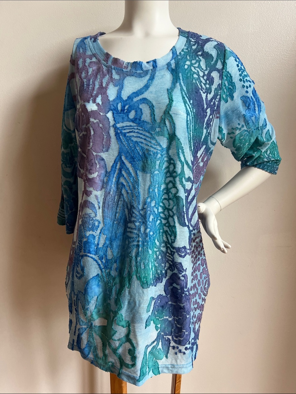 Creation whimsical Blue-Green Printed Scoop Neck Tunic Top